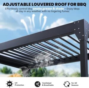 Elevate your outdoor living space with MELLCOM's Grill Pergola featuring an adjustable louvered roof, 2 shelves, and rain gutter. Perfect for BBQs and patios, this waterproof gazebo offers a spacious and comfortable retreat.