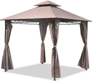 Here is the generated SEO meta description:

"Transform your outdoor space with this 10x10' heavy-duty gazebo featuring a double roof, privacy curtains, and steel frame. Perfect for gardens, backyards, and lawns, enjoy the outdoors in comfort."