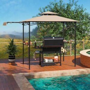 Here is the optimized meta description:

"Transform your backyard with Tangkula's 10.5x5 FT grill gazebo, featuring a 2-tier barbie setup, 2 shelves, and 12 hooks. Perfect for poolside gatherings!"