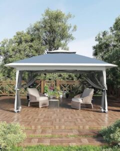 Easy setup canopy tent for backyard gatherings, featuring pop-up gazebo design, 4 sand bags for stability, and adjustable height. Perfect for mosquito-free outdoor events.