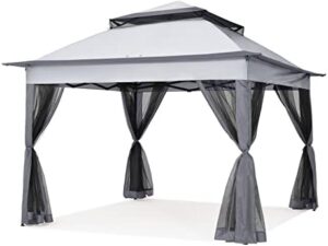 Get instant outdoor relaxation with the Cooshaide 11x11 Pop Up Gazebo Tent, featuring mosquito netting and dark grey color. Perfect for patio gatherings or camping trips.