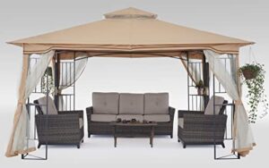 Transform your outdoor space with the MASTERCANOPY patio gazebo featuring netting screen walls and a corner shelf design. Perfect for relaxing or entertaining, its 11x11 feet beige canopy provides shade and style.