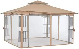Transform your outdoor space with the MASTERCANOPY patio gazebo featuring netting screen walls and a corner shelf design. Perfect for relaxing or entertaining, its 11x11 feet beige canopy provides shade and style.