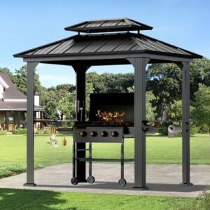 Protect your patio with the Big Leaf 6' x 8' Grill Gazebo, featuring a durable aluminum frame, galvanized steel roof, and convenient side shelves, paper towel holder, and USB charging ports for an ideal BBQ experience.
