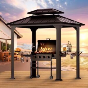 Protect your patio with the Big Leaf 6' x 8' Grill Gazebo, featuring a durable aluminum frame, galvanized steel roof, and convenient side shelves, paper towel holder, and USB charging ports for an ideal BBQ experience.