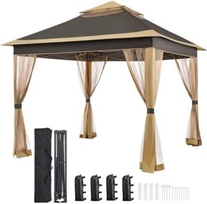 Enhance your outdoor living space with the Yaheetech 11x11 Pop Up Gazebo, featuring a sturdy canopy, mesh netting and 4 sandbags for stability. Perfect for lawns, gardens, backyards and decks.