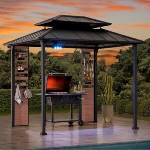 "Transform your outdoor space with the Sunjoy Grill Gazebo's hardtop design, storage shelves, and ceiling hooks, perfect for cooking and entertaining under the stars, in matte black."