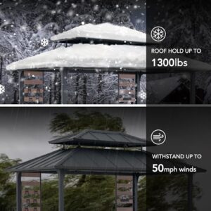 "Transform your outdoor space with the Sunjoy Grill Gazebo's hardtop design, storage shelves, and ceiling hooks, perfect for cooking and entertaining under the stars, in matte black."