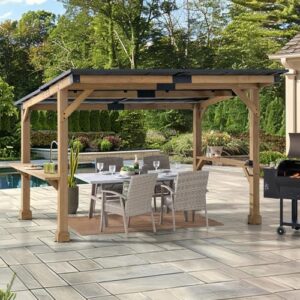 Elevate your backyard gatherings with the Sunjoy Wooden Grill Gazebo, featuring a 10 ft. x 12 ft. cedar frame, metal hardtop roof, and powerport for convenient charging. Perfect for hot tubs and BBQs.