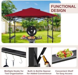 Discover the ultimate outdoor grilling experience with our portable Pop up Barbeque Grill Gazebo, featuring a 8x5 ft canopy and handy wired shelf for utensils.