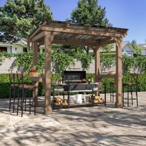 Here is the generated SEO meta description:

"Transform your outdoor cooking experience with MUPATER's 8x5 FT wooden grill gazebo featuring a sloping metal roof, heavy-duty cedar frame and 2 storage shelves for effortless BBQing on patio, lawn or deck."