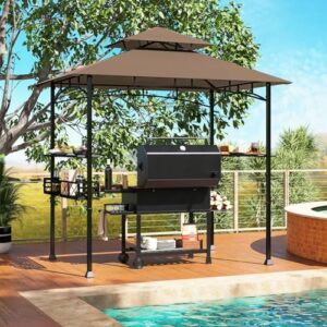 Elevate your backyard gatherings with the Tangkula 8x5 Ft Grill Gazebo, featuring a 2-tier barbeque station, ample storage and hanging hooks. Perfect for poolside or garden parties!