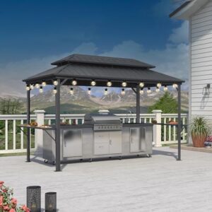 Here is the generated SEO meta description:

"Perfect for outdoor BBQs, this Purple Leaf gazebo features a hardtop design with 24 clear lights and double-tiered shelves. Aluminum construction and grey color fit any patio decor."