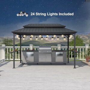 Here is the generated SEO meta description:

"Perfect for outdoor BBQs, this Purple Leaf gazebo features a hardtop design with 24 clear lights and double-tiered shelves. Aluminum construction and grey color fit any patio decor."
