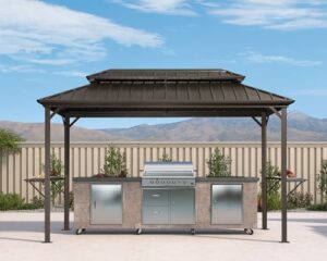 "Transform your patio into a perfect outdoor space with this durable Purple Leaf gazebo featuring a metal roof and 2 side shelves, ideal for alfresco dining and entertaining. Perfect for BBQs and shade!"