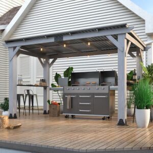 Enhance your outdoor gatherings with this 12.5'x6.5' Cedar Wood Gazebo featuring 2 side shelves and a galvanized steel roof, perfect for patios, gardens, or backyards - ideal for barbecues and relaxation!