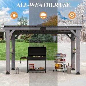 Enhance your outdoor gatherings with this 12.5'x6.5' Cedar Wood Gazebo featuring 2 side shelves and a galvanized steel roof, perfect for patios, gardens, or backyards - ideal for barbecues and relaxation!