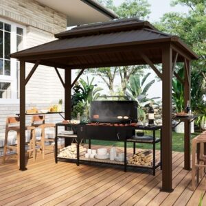 Perfect outdoor cooking experience with the EROMMY 6' x 10' Hardtop Grill Gazebo, featuring double galvanized steel roof, side shelves, and ceiling hooks for patio or backyard use.