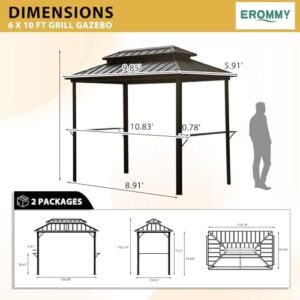 Perfect outdoor cooking experience with the EROMMY 6' x 10' Hardtop Grill Gazebo, featuring double galvanized steel roof, side shelves, and ceiling hooks for patio or backyard use.
