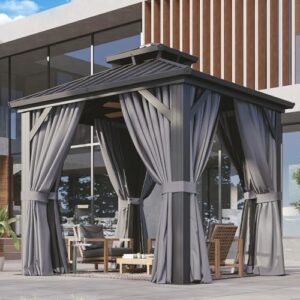 Enjoy your backyard BBQ parties under the Aoxun Grill Hardtop Gazebo's spacious 5'x8' canopy with aluminum frame and galvanized steel roof, featuring double side shelves for ample storage. Perfect for patios, decks, or backyards!
