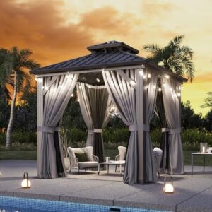 Enjoy your backyard BBQ parties under the Aoxun Grill Hardtop Gazebo's spacious 5'x8' canopy with aluminum frame and galvanized steel roof, featuring double side shelves for ample storage. Perfect for patios, decks, or backyards!