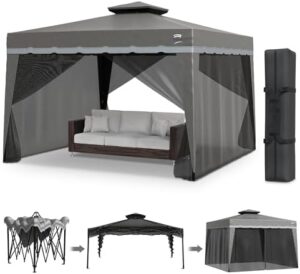 Protect your backyard gatherings with the Heavy Duty Pop Up Gazebo Tent, featuring 360 mosquito netting and UV resistant canopy. Perfect for picnics, BBQs, and outdoor events.