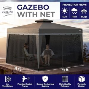 Protect your backyard gatherings with the Heavy Duty Pop Up Gazebo Tent, featuring 360 mosquito netting and UV resistant canopy. Perfect for picnics, BBQs, and outdoor events.