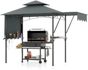 "Enhance your outdoor gatherings with the Tangkula 13x5 Ft Grill Gazebo featuring dual side awnings, adjustable shadow and ample storage for utensils and grill accessories."