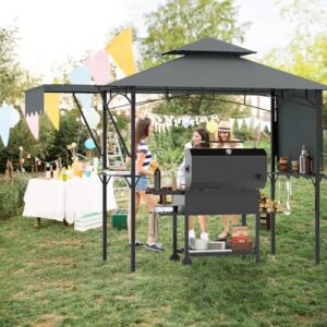"Enhance your outdoor gatherings with the Tangkula 13x5 Ft Grill Gazebo featuring dual side awnings, adjustable shadow and ample storage for utensils and grill accessories."