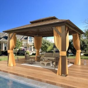 Elevate your outdoor living space with EROMMY's 10x12 Hardtop Gazebo featuring aluminum frame, galvanized steel double roof, and permanent metal pavilion design. Perfect for patios, lawns, or decks.