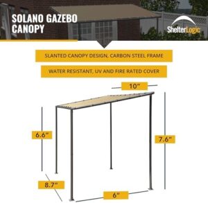 Discover the ShelterLogic Solano Gazebo, featuring a 10x6 ft canopy, charcoal steel frame, and marzipan water-resistant cover. Perfect for outdoor gatherings with friends and family. Save on your next purchase with exclusive discounts!