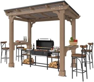 Envision outdoor gatherings under the MUPATER 8' x 5' Wooden Grill Gazebo with Sloping Metal Roof, featuring a hard top grill gazebo with 2 side shelves for full-size grills. Perfect for patios, lawns, and backyards.
