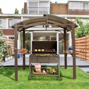 Enhance your outdoor cooking experience with the 8x5 Grill Gazebo, featuring a double galvanized steel roof and two side shelves. Perfect for patio gatherings, this metal grilling gazebo includes a bottle opener.