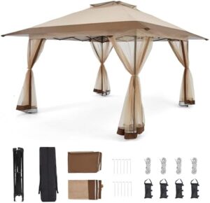 Here is the generated meta description:

"Stay dry under this 13x13 Pop Up Gazebo Tent with Mosquito Netting - perfect for patio, garden, or backyard use. Quick setup and water-resistant design make it ideal for outdoor gatherings."