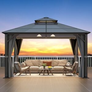 Enrich your backyard gatherings with the Hardtop Gazebo 12' x 12', featuring a durable steel frame, polycarbonate roof, and gray curtain&netting. Perfect for decks, lawns, or gardens.