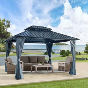 Enhance your outdoor gatherings with this sturdy 10' X 12' Hardtop Gazebo featuring galvanized steel double roof and aluminum frame. Perfect for patio, lawn, and garden use.
