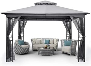 Enhance your outdoor gatherings with the Happatio 10' x 12' Patio Gazebo, featuring a double roof and ventilation for comfort. Perfect for garden, yard, or patio use, this gray gazebo also includes mosquito netting for added protection.