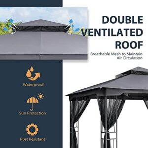 Enhance your outdoor gatherings with the Happatio 10' x 12' Patio Gazebo, featuring a double roof and ventilation for comfort. Perfect for garden, yard, or patio use, this gray gazebo also includes mosquito netting for added protection.