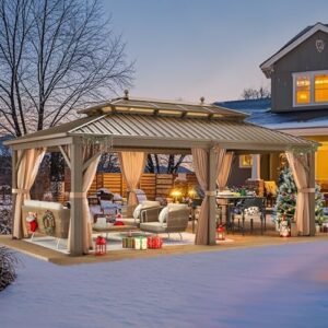 Enjoy outdoor gatherings with the YITAHOME 12x20 ft Hardtop Gazebo featuring nettings and curtains for patio, backyard, deck, lawns, or balcony use. Perfect for Bronze-colored gazebos with durable aluminum construction.
