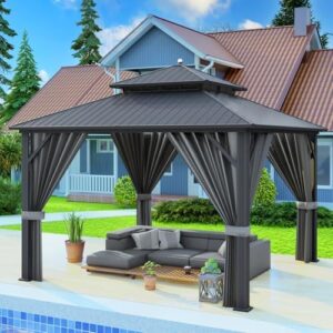 "Upgrade your outdoor space with the Romswi 12'x12' Permanent Gazebo, featuring a sturdy aluminum frame, double galvanized steel roof and included curtains & netting. Perfect for patios, lawns and gardens."