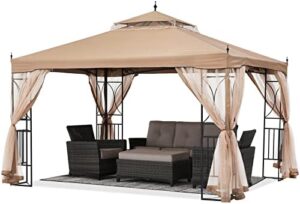 Here is the output:

"Add shade to your patio with this ABCCANOPY 10'x12' gazebo, featuring a double roof and netting for enhanced protection. Perfect for outdoor gatherings."