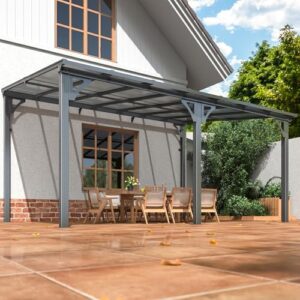 Elevate your outdoor space with this 10x14 FT Splicable Gazebo featuring an aluminum frame and gray color. Perfect for backyards, decks, and patios, with awnings for weather protection.