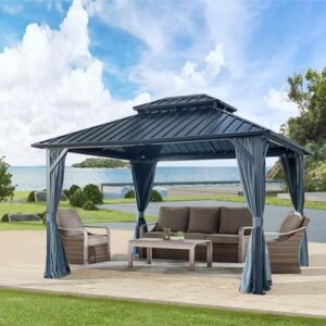 Enhance your outdoor living space with the 10' X 12' Hardtop Gazebo featuring galvanized steel double roof, aluminum frame, and UV protection. Perfect for patios, lawns, and gardens. Grey color.