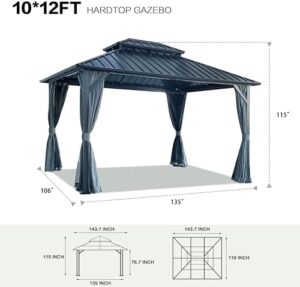 Enhance your outdoor living space with the 10' X 12' Hardtop Gazebo featuring galvanized steel double roof, aluminum frame, and UV protection. Perfect for patios, lawns, and gardens. Grey color.