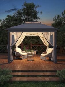 Here is the meta description:

"Stay protected outdoors with this 11x11 Pop Up Canopy Tent featuring mosquito netting, easy setup, and UV & water resistance. Perfect for camping or backyard events."