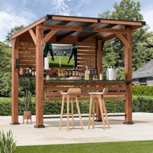 Here is the generated meta description:

Elevate your outdoor living space with Modern Shade's Aura Cedar Wood Entertainment Bar Center featuring a wood gazebo grill pavilion, shelves, and paper towel holder. Perfect for patio gatherings.