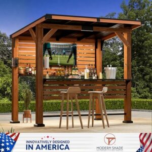 Here is the generated meta description:

Elevate your outdoor living space with Modern Shade's Aura Cedar Wood Entertainment Bar Center featuring a wood gazebo grill pavilion, shelves, and paper towel holder. Perfect for patio gatherings.