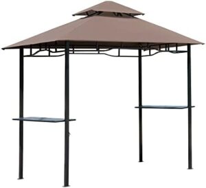 "Upgrade your outdoor gatherings with the Outsunny 8' x 5' Grill Gazebo featuring a double roof and two side shelves, perfect for patio or garden use. Perfectly sized for BBQs and coffee breaks."