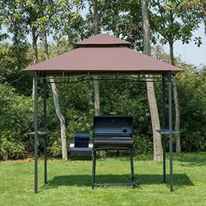 "Upgrade your outdoor gatherings with the Outsunny 8' x 5' Grill Gazebo featuring a double roof and two side shelves, perfect for patio or garden use. Perfectly sized for BBQs and coffee breaks."