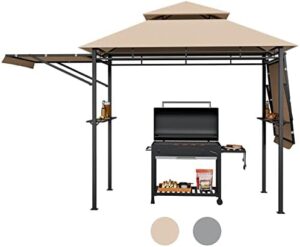 "Transform your outdoor gatherings with the Tangkula 13.5x4 Ft Grill Gazebo featuring dual side awnings and double-tiered BBQ space. Perfect for patios, gardens, beach, or terraces."